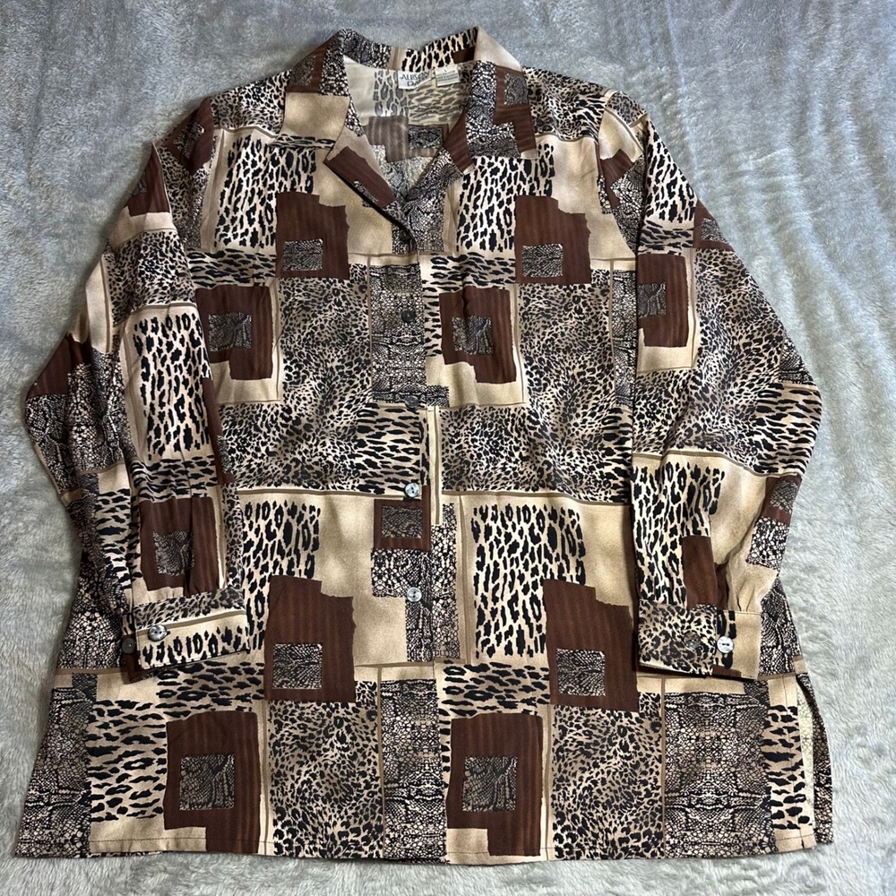 Allison Daley Button Down Shirt Brown Tan Animal Print Patchwork Size L